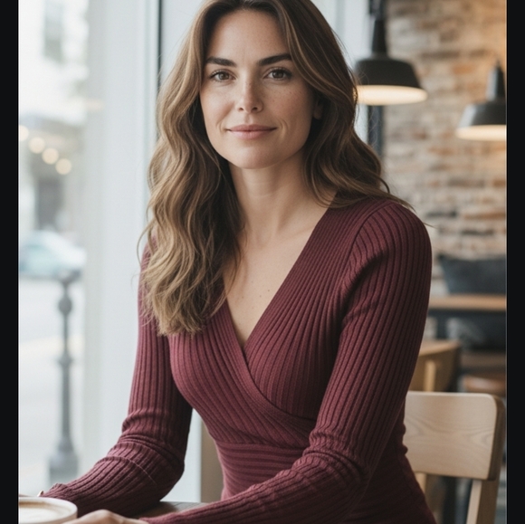 Burgundy Ribbed Wrap Sweater - Picture 2 of 5